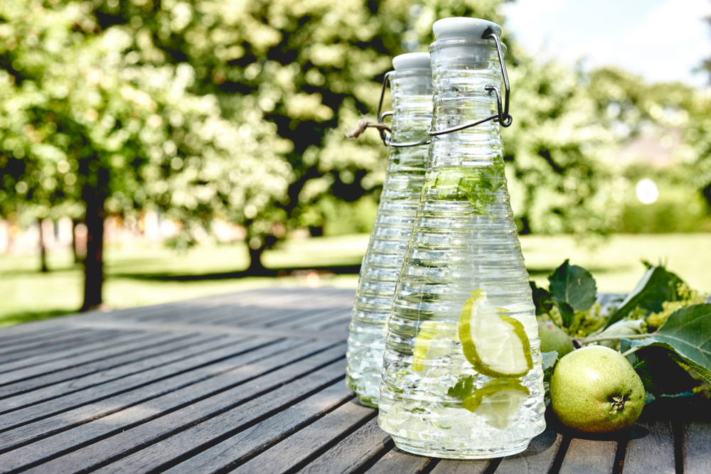 Refreshing low-sugar and zero-calorie beverages with apple slices 