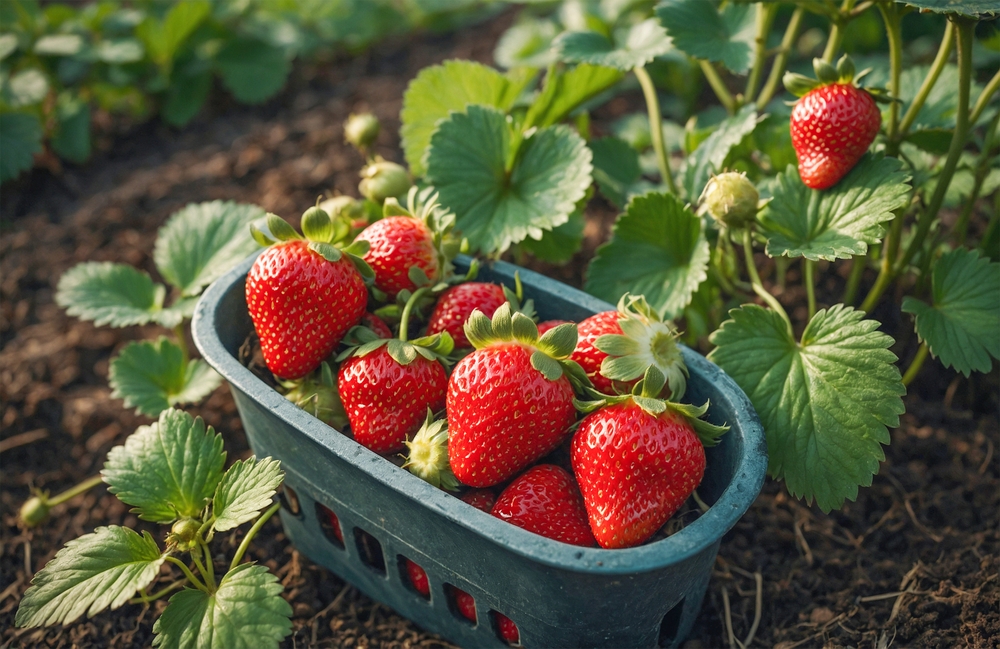 Freshly Harvested Strawberries in the Garden