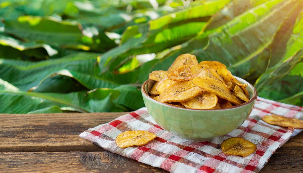 Plantain chips on ceramic bowl
