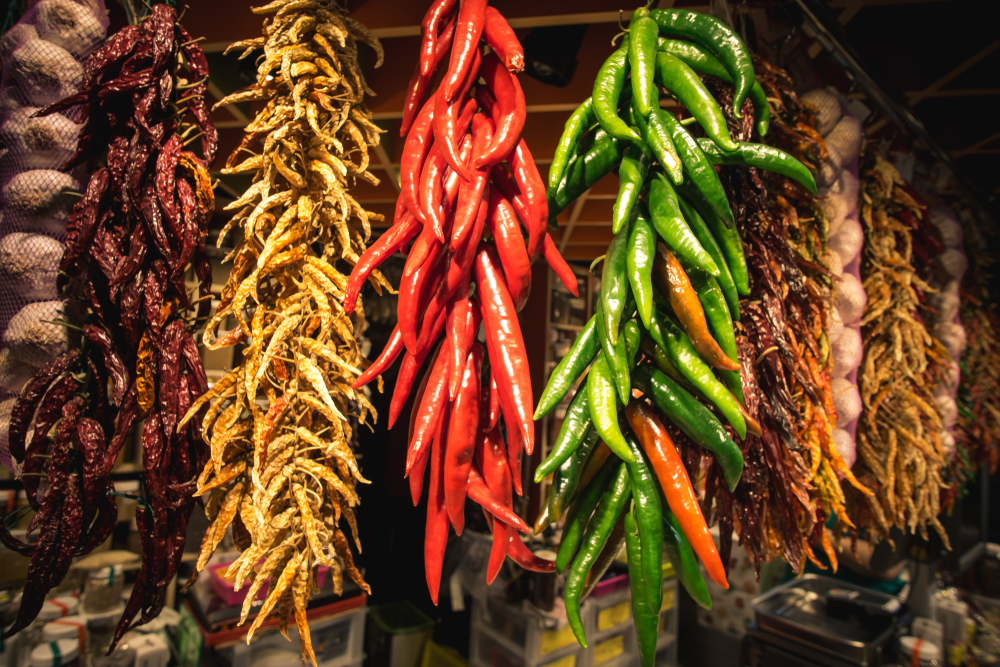 Dried locally-sourced red and green chili peppers