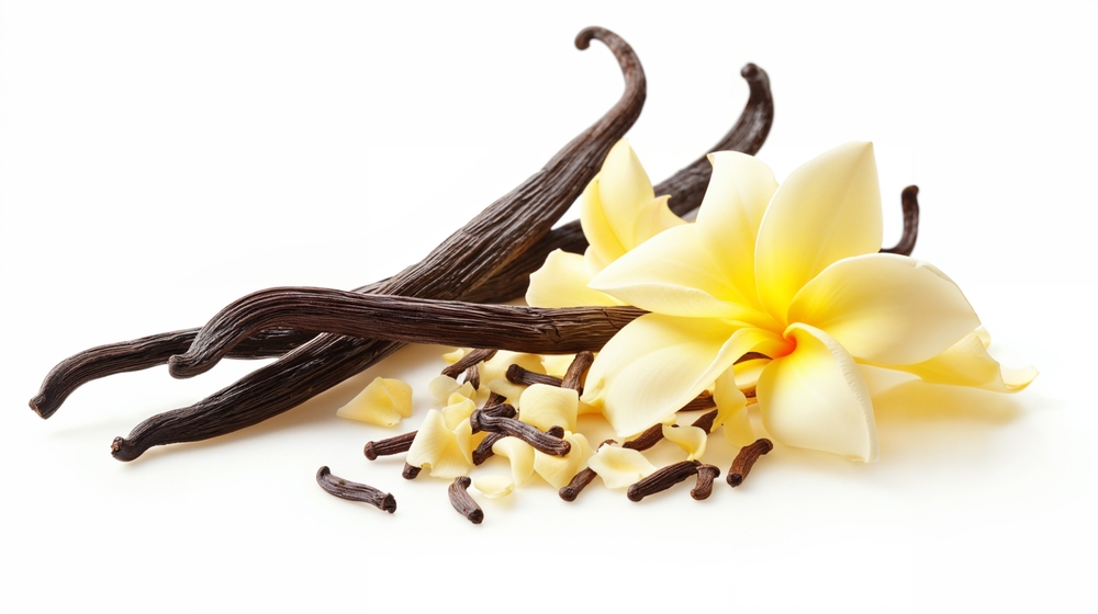 Dried vanilla stick and orchid vanilla flower