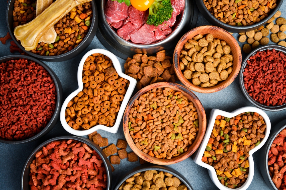 Dry pet food with natural ingredients. Raw meat in a bowl for pets.
