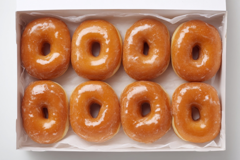 A box filled with glazed donuts in bakery