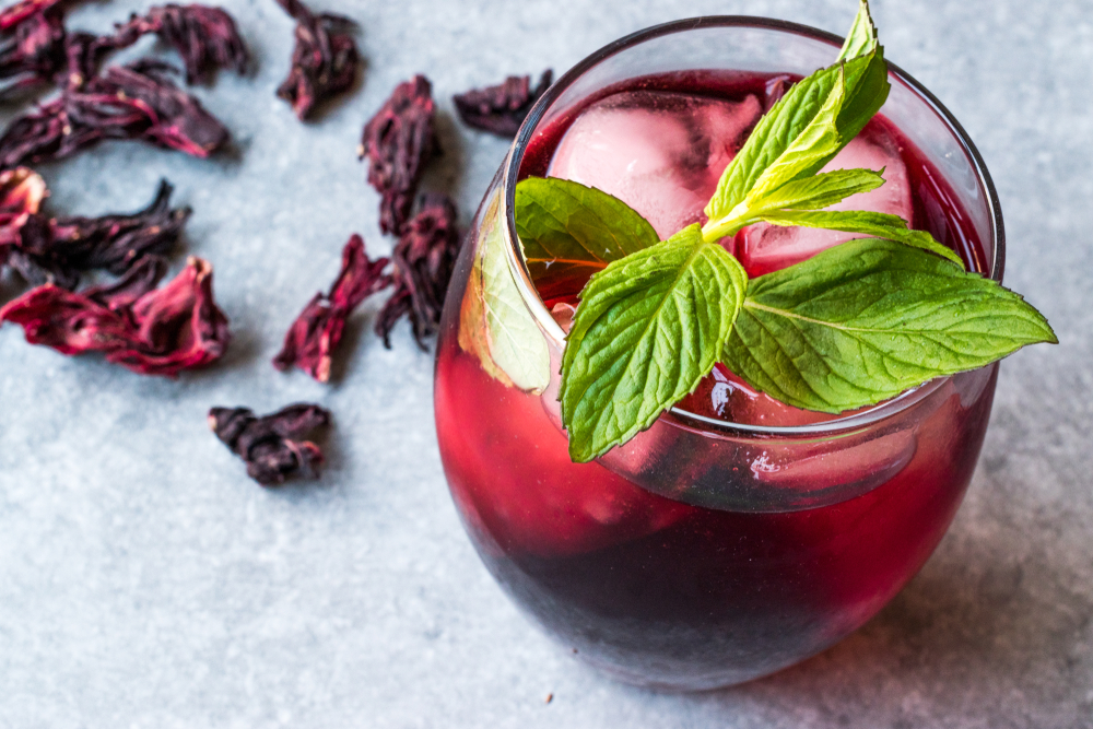 Cold Beverage with Hibiscus Tea and Mint Leaves