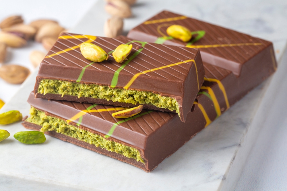 Gourmet chocolate; Dubai chocolate made with pistachio paste and tahini